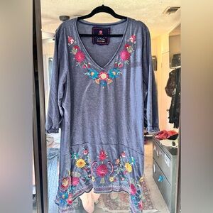 JW LOS ANGELES JOHNNY WAS Embroidered Gray Tunic Top/dress. Xl/1x
